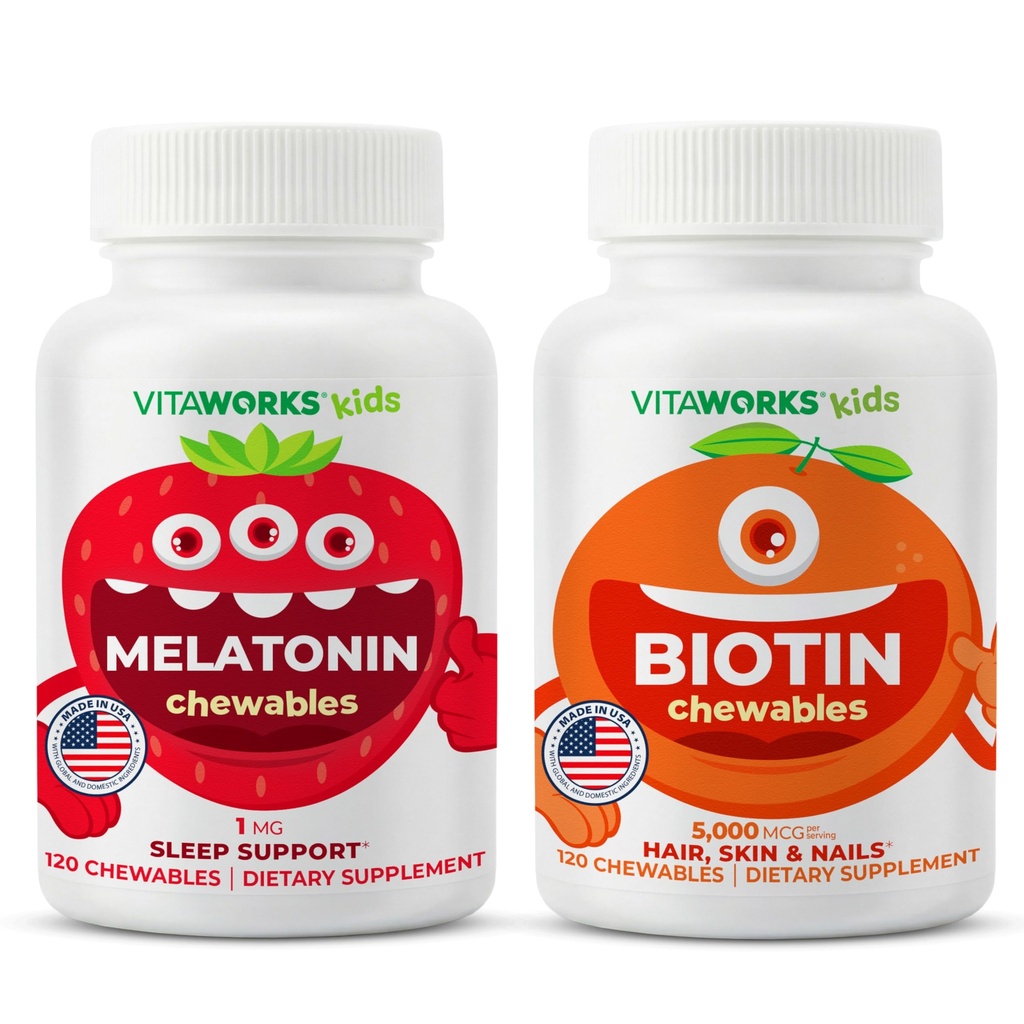 Otroci Melatonin 1mg Žvečilni izdelki + Biotin 5000mcg Žvečilni dodatki