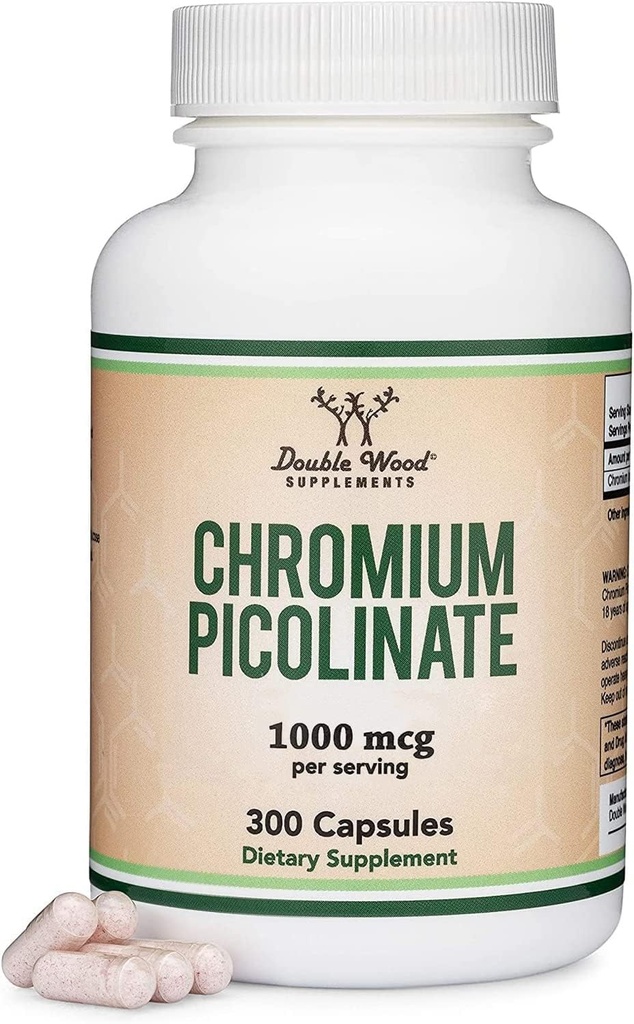 Kromov pikolinat 1000mcg za zdravo uravnavanje telesne mase (visoka absorpcija in biorazpoložljivost) (300 Veganskih varnih kapsul, brez glutena, brez glutena) z dvojnimi lesenimi dodatki