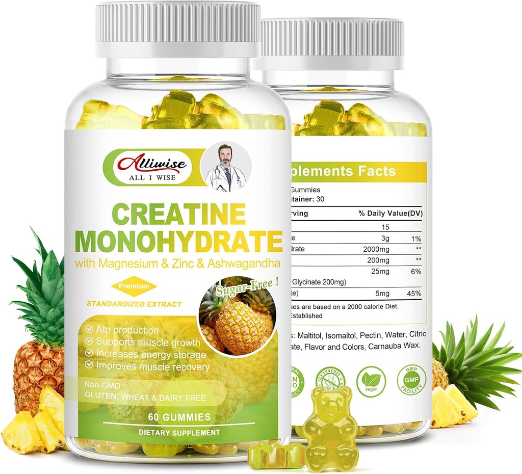 Brez sladkorja Kreatin Monohidrat za moške in ženske, Kreatin Monohidrat Complex dodatek z magnezijem & cink & Ashwagandha, za mišično rast in moč, energija, Pred vadbo dodatek