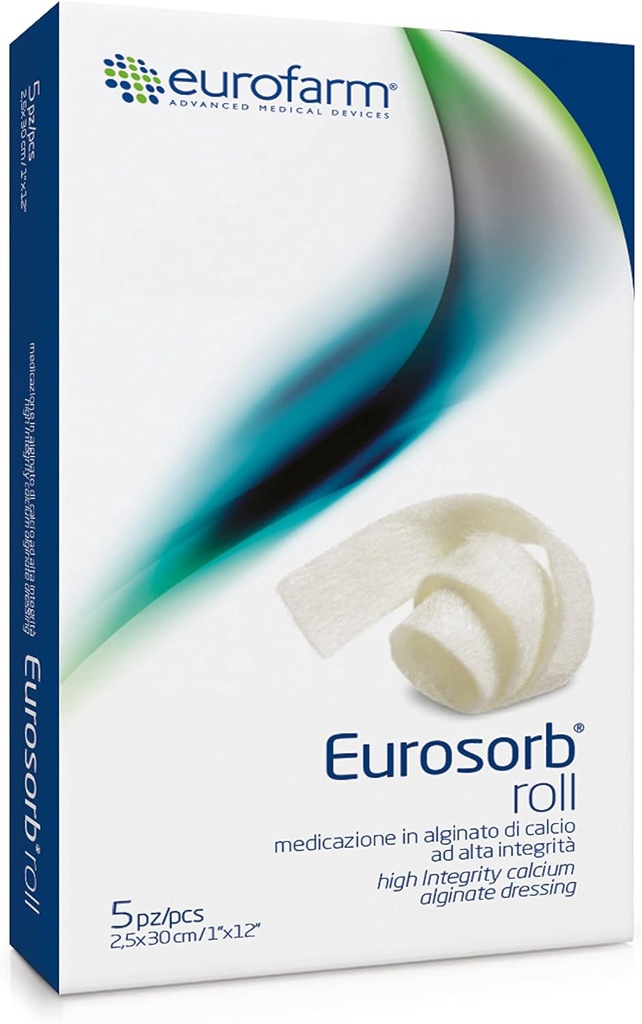 Eurosorb Roll -1 x 12 in -100% Visoka integriteta Kalcijev rebrbon oblačenje,Promoti Postopek ozdravitve, Formacija novega tkiva, Integralni alginat –5 kosov