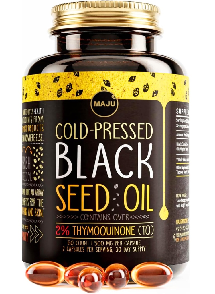 Maju Superfoods Black Seed Oil Kapsule - hladno stisnjen, 2% Thymokinon, 100% turška črna Cumin Nigella Sativa semena olje, tekoče čisto črno seme 60 Count, 500mg na kapsulo
