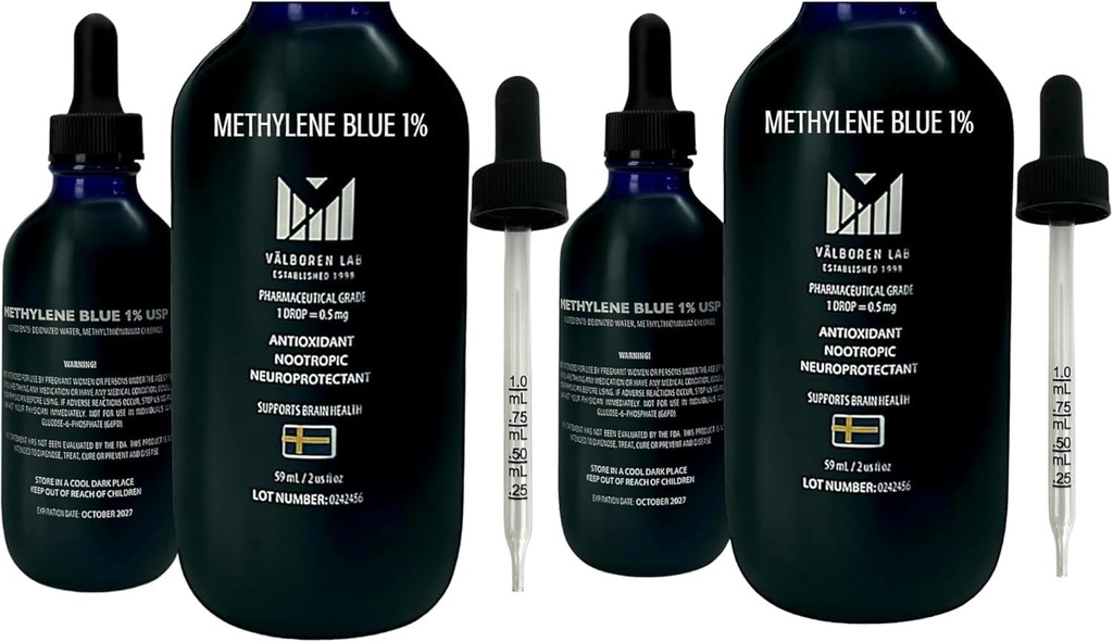 Metilen modra farmacevtska stopnja Bundle - 2 oz & 4 oz steklenice - USP stopnja - Izdelano v ZDA - test tretje stranke, Formaldehid & Alkohol-free - Možgansko zdravje dodatek - Metilen 1% kapljice za ljudi