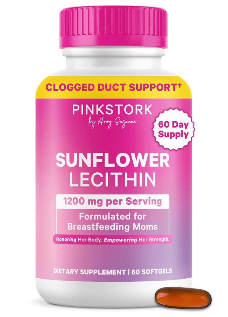 Pink Stork sončnični lecitin dodatek - 1200 mg za zamašeno mleko Ducts - Dojenje Esenciali za poporodne mame - Podpira pretok mleka dojke - 60 Softgels