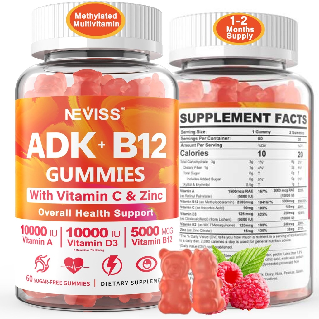Metilirane multivitaminske ženske Moški, Vitamin D3 K2 5000IU / 10.000IU, B12 5000 μg 2500mcg, K2 (MK-7) 240mcg- ADK+metil vitamin B12, Vegan D3,Vitamin A,C,Zinc Eye,Bone,Energy,Immune, Sugar-free Gumies
