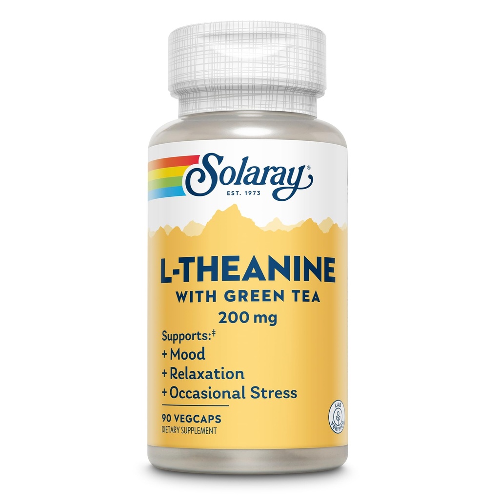 SOLARAY L-Theanine 200mg z zelenim čajem - zdravo razpoloženje, sprostitev in občasno podporo stresu - Lab preverjen, Vegan, Gluten brezplačno - 90 Serving, 90 VegCaps