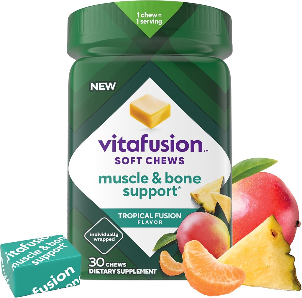 Vitafusion Soft Chews Podpora mišic in kosti (1), odrasli žvečljivi vitamin D za podporo kosti in mišic, individualno zaviti, Tropical Fusion Flavor, 30 Chews, 30 dan dobave