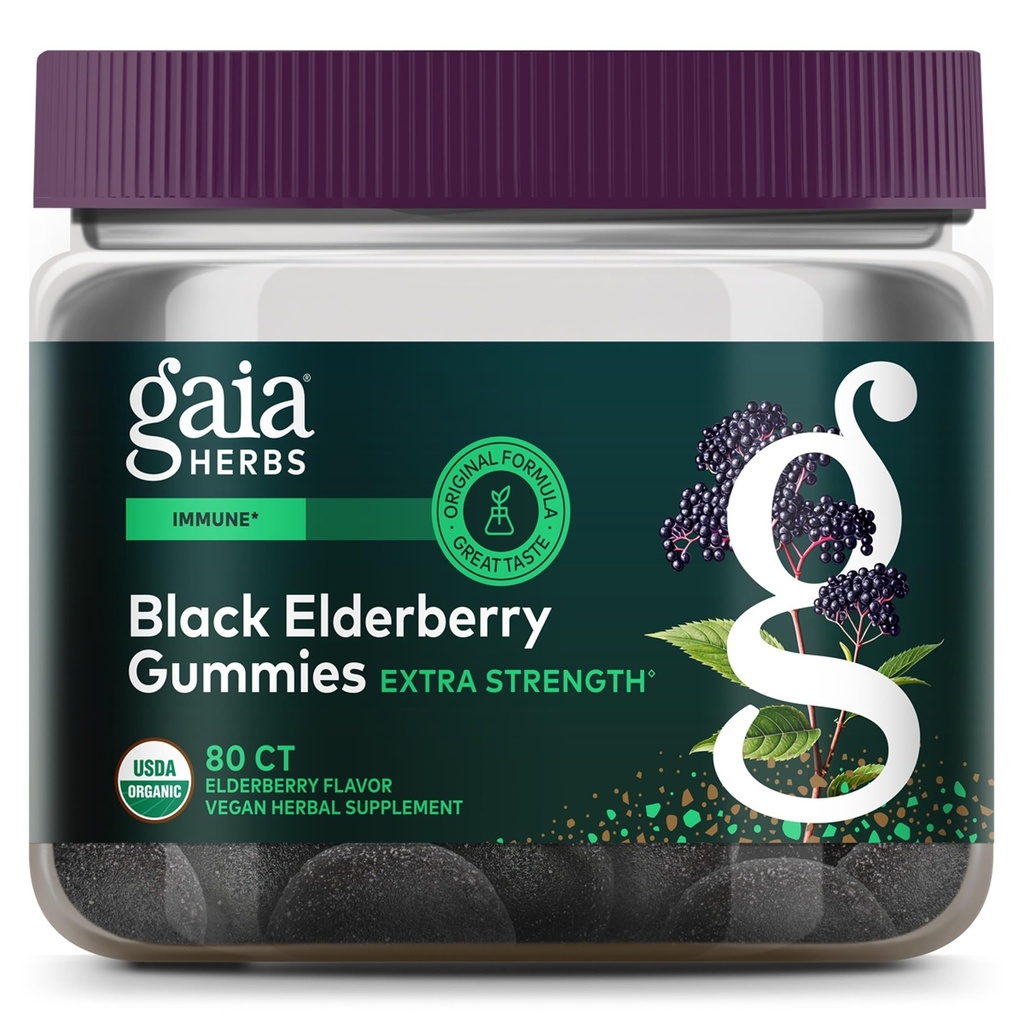 Gaia Herbs Black Elderberry (Sambucus Nigra) Extra Strength Gummies - Delicious Imunska podpora dodatek - Izdelano z Certified Organic Black Beerberries za podporo imunskega sistema - 80 Gummies