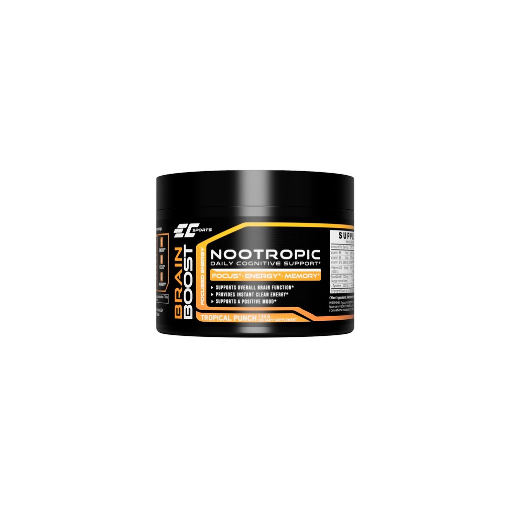 EC Sports Brain Boost Tropical Punch Nootropic Supplement for Focus, Hitrejša obdelava, Instant Energy & Performance w/ 18 Nootropics - 30 Servings