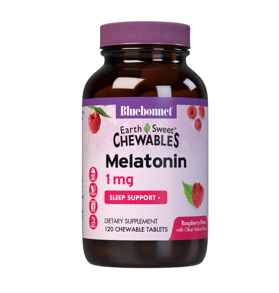Bluebonnet Nutrition EarthSweet Melatonin 1 mg Fast-Acting Quick Dissolve Nighttime Relaxation & Restful Sleep Support - Sleep Aid - Gluten-Free, Vegan - Raspberry Flavor - 120 Chewable Tablets