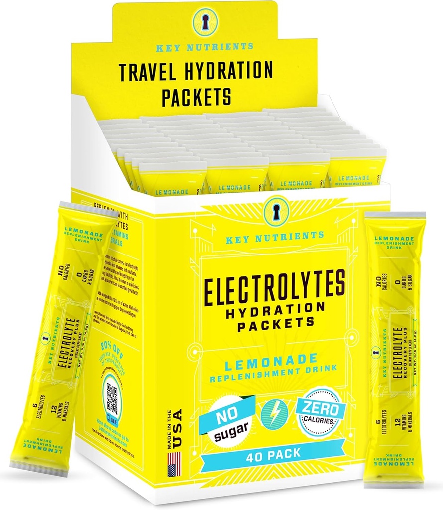 KLJUČNI HRANILCI Multivitaminski elektrolitski hidracijski paketi - osvežitev limonade Post Workout in recovery 40 Pack - Brez sladkorja, brez kalorij - potovalna hidracija prašek