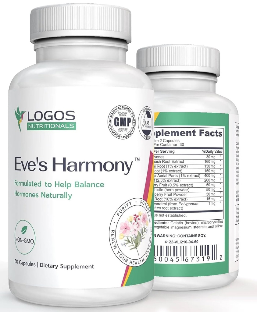 Eve's Harmony Menopause Supplement, Hormone Podpora za ženske s Soy Isoflavones, Black Cohosh & Red Raspberry, Non-GMO Natural PMS & Menopausal Symptom Podpora, 60 Kapsule