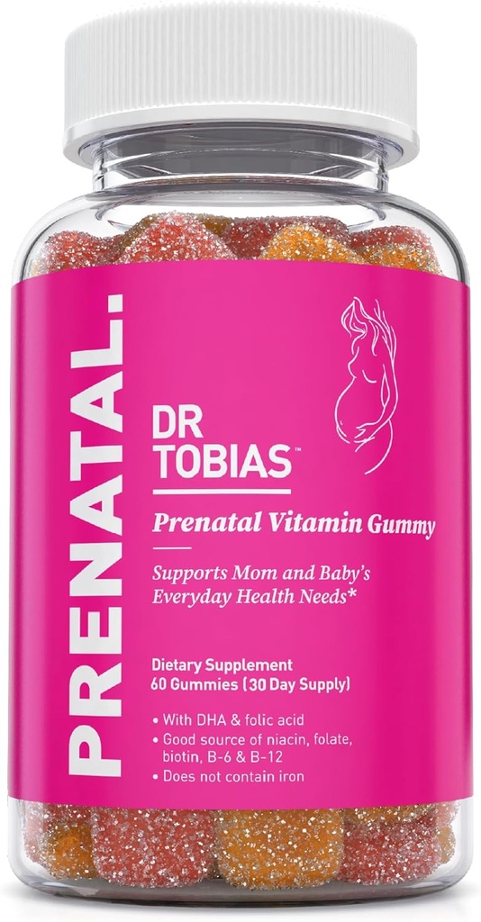 Dr. Tobias Prenatal Vitamin Gummy, Iron Free Prenatal Vitamini z DHA in Folic Acid, Niacin, Biotin, B6, & B12, Vključuje ribje olje, za prednatalno podporo, 60 Gummies, 30 Servings