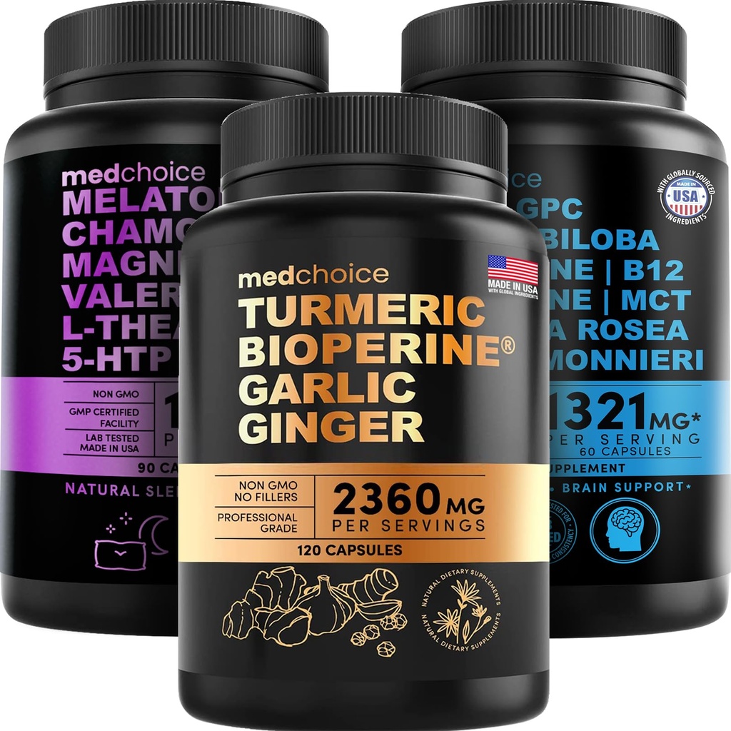 MEDCHOICE Turmeric & Ginger (120ct), Sleep Melatonin (90ct), in Nootropic Brain (60ct) dodatek Bundele - Wellness Trio za možgane, spanje, in imunske podpore - Vegan, Non-GMO, Gluten-free