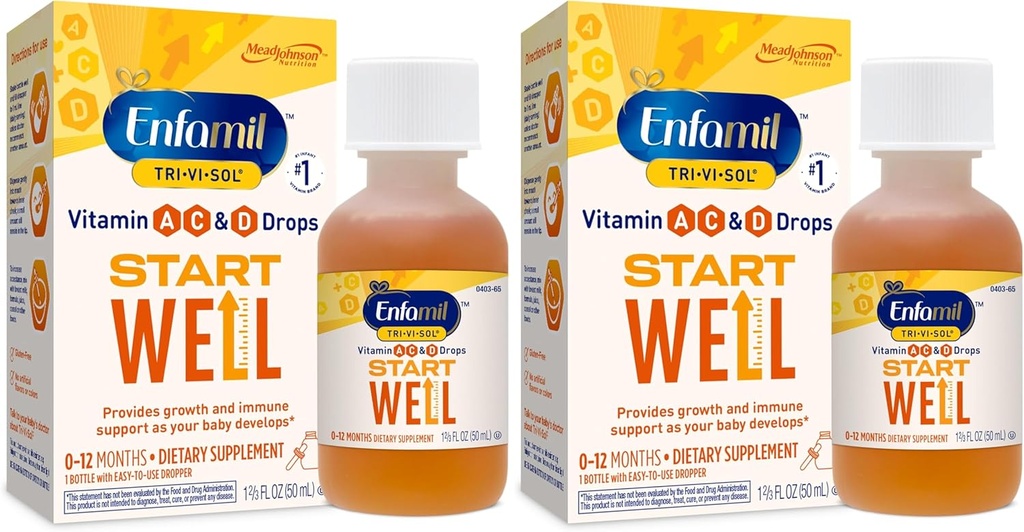 Enfamil Prenatals & Baby Vitamini Tri-Vi-Sol Vitamin A, C & D Večvitaminske kapljice za dojenčke, Podpira rast in imunskega zdravja, 50 ml Kapljična steklenica,1.69 Fl Oz (Pack of 2),MJ-030