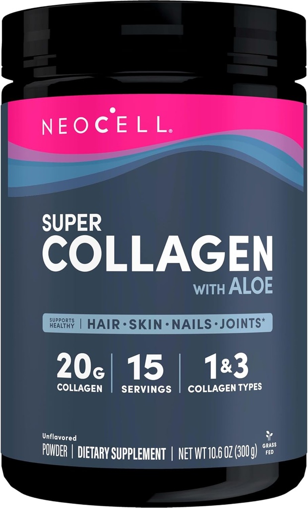 Neocell Super Collagen z Alojem; kolagen tipa 1 in 3; podpira zdrave lase, kožo in nohte; Gluten prost; nearomatiziran prašek; 10 g kolagen/serving; 30 servivov; 10,6 Oz,*