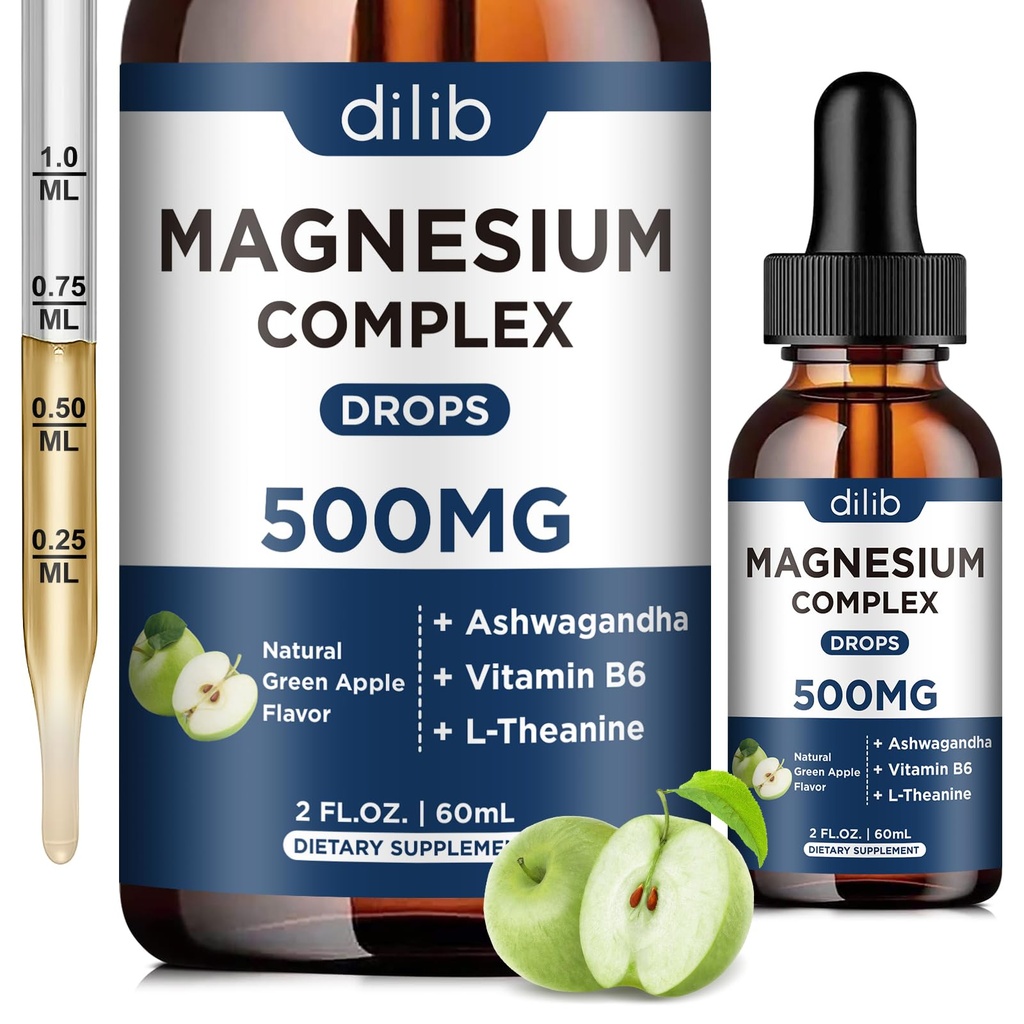 Trojni magnezijev kompleks dodatek-magnezij Glicinat, Citrat, Malate tekoče kapljice 500mg z Ashwagandha, L-Theanin, B6 za mirno, Stress Relief, spanje, mišice podporo-zelena Apple aroma