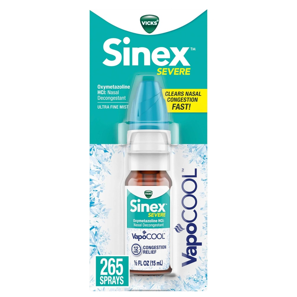Vicks Sinex Severe nosni pršilo z VapoCOOL, Pomirjujoče Vicks Vapors, Dekongestiv Medicine, Relief iz zamašen nos zaradi hladne ali alergije, & Nasal Congestion, Sinus razbremenitev tlaka, 265 Sprays
