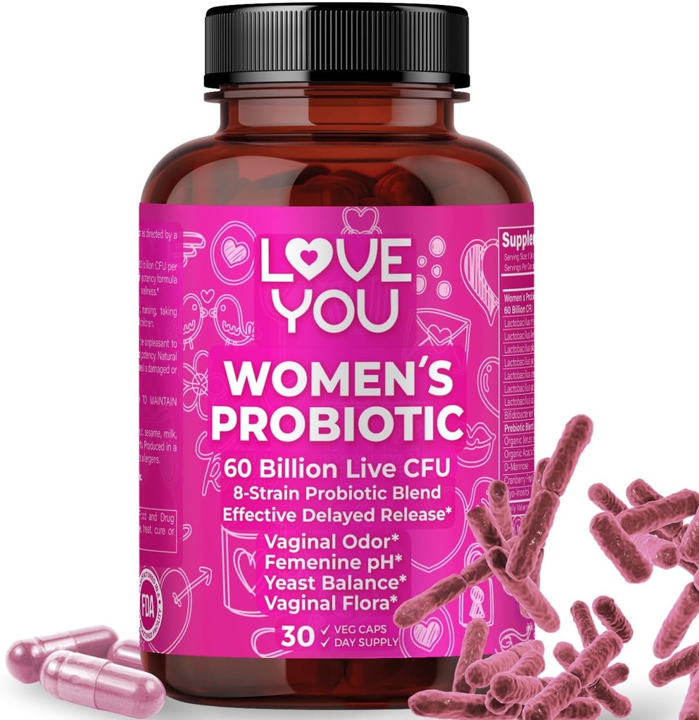 Love You Womens Probiotic, Ph Balance, Ut, Feminine, Vaginal Health Supplement, Pre + Pro + Postbiotik, Zamujena sprostitev, 60 milijard živo CFU, 8-Strain probiotična mešanica, 30 Veg Caps Servings