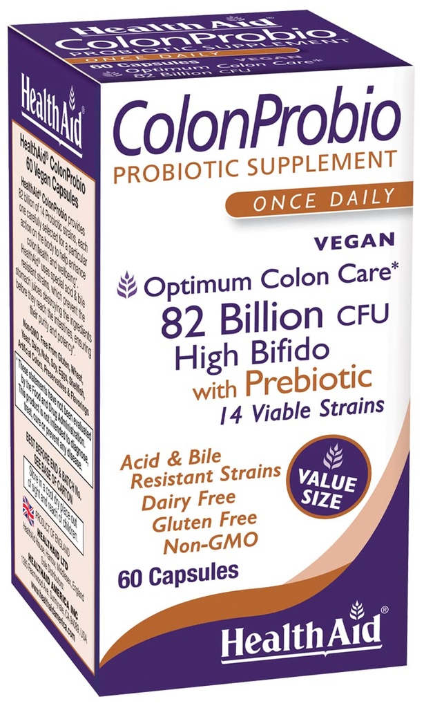 HealthAid ColonProbio 82 milijarda s prebiotiki, 14 sevi, enkrat na dan, 60ct, Optimum Colon Care, Kislina in žolč Resistant, Dairy Free, Gluten Free, Non-GMO, High Bifido
