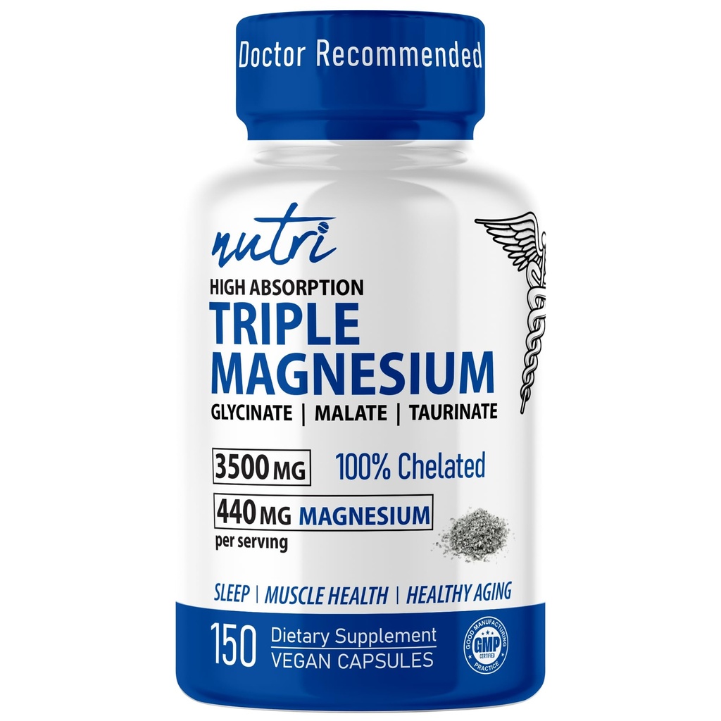 Nutri Triple Magnezij Complex 440mg - Magnezijev Glicinat, Malat, & Taurinate - 100% kelirani za maksimalno absorpcijo - 120 Veganskih kapsul - Trojni kompleks Magnezio Triple Complex