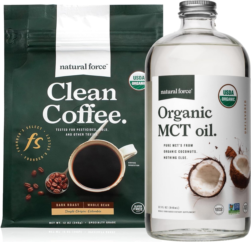 Naravna sila Organska temna pražena čista kava + Organska MCT Oil Bundle – 100% čista kokosova MCTs & Mold & Mycotoksin Free Coffee – Ne-GMO, Keto, Paleo in Vegan - 12 Oz in 32 Oz
