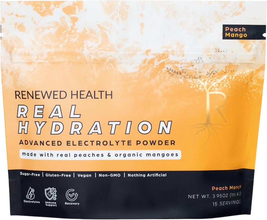 Real Hydration - Ekološka na sadju osnovana mešanica elektrolitov - narejena z organskim sadjem in roza sol - nič sladkorja & Vegan - Hidracija, Imunska in regeneracija Podpora (15 Serving, Peach Mango)