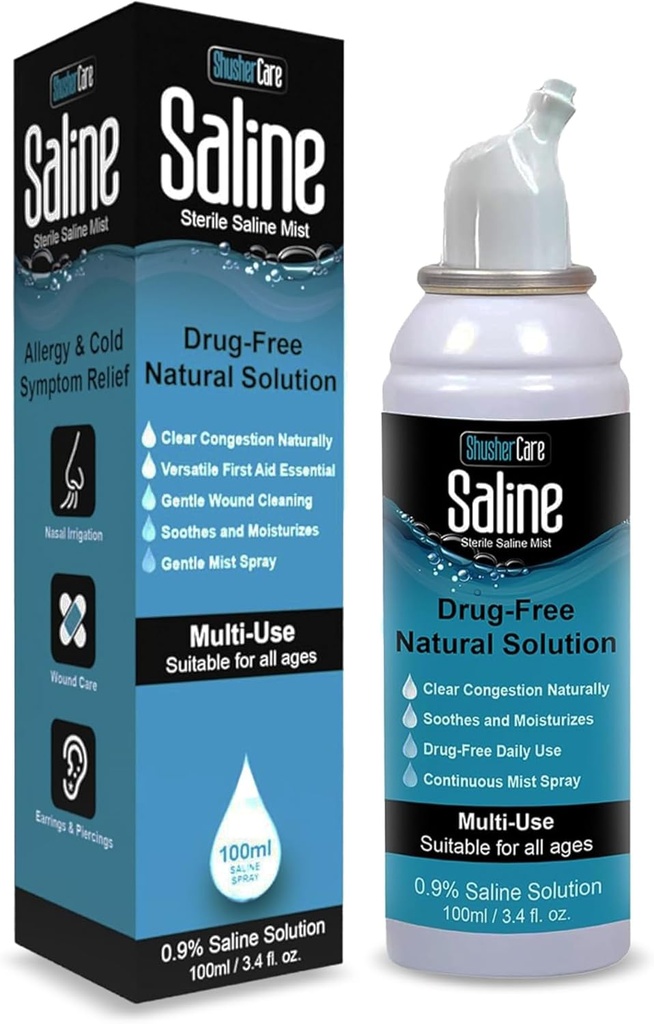 Slani pršilo za nos - Nazal Spray Saline rešitev za novorojenčka, otroka in odrasle, Slana voda dekongestacijska meglica za zamašen nos, potovanja prijazno, naravno, 0,9% Saline - 100 ml (3,4 fl oz)