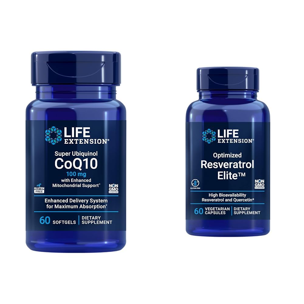 Life Extension Super Ubiquinol CoQ10 60 Softgels in Optimizirano Resveratrol Elite 60 Vegetarian kapsule paket