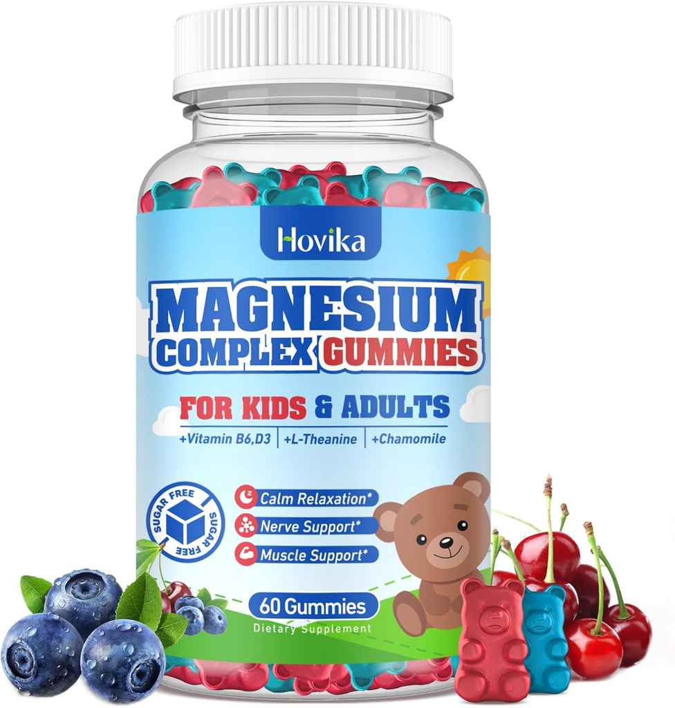 Otroci Magnezij Gumiji - Magnezij Glicinat Citrat Žvečljivi dodatek z vitaminom B6, D3, Passion Flower, L-teanin - Sugar Free Calm Magnezij za otroke in odrasle spanje, Mood, Sprostitev, 60 Chews