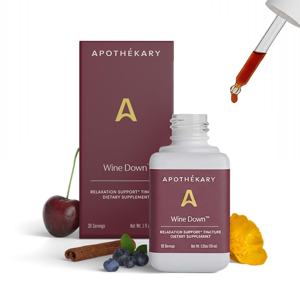 Apothékary vino dol, naravni spanec in sprostitev podpora, Alkohol-free Red Wine-Inspired Zeliščne tekoče kapljice, Consists of Blue Vervain, Tart Cherry, in California Poppy, 1 oz, 30 Serving