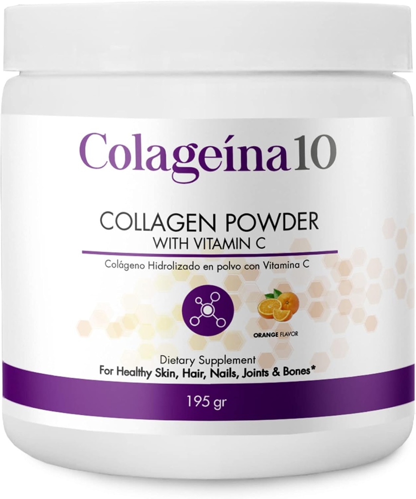 Colageina 10 hidroliziran kolagen v prahu z vitaminom C (195 gr) - oranžna aroma - prehranski dodatek proti staranju za zdravo kožo, lase, nohte, sklepe in kosti