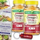 Choice Bundle Spring Valley Ribje olje Omega 3 Maščobne kisline dodatek Lemon Softgels 500 mg 60 Ct 2 pk (120 skupaj) + Vitamin vodnik in tablete kontejner (4 Izdelki)!