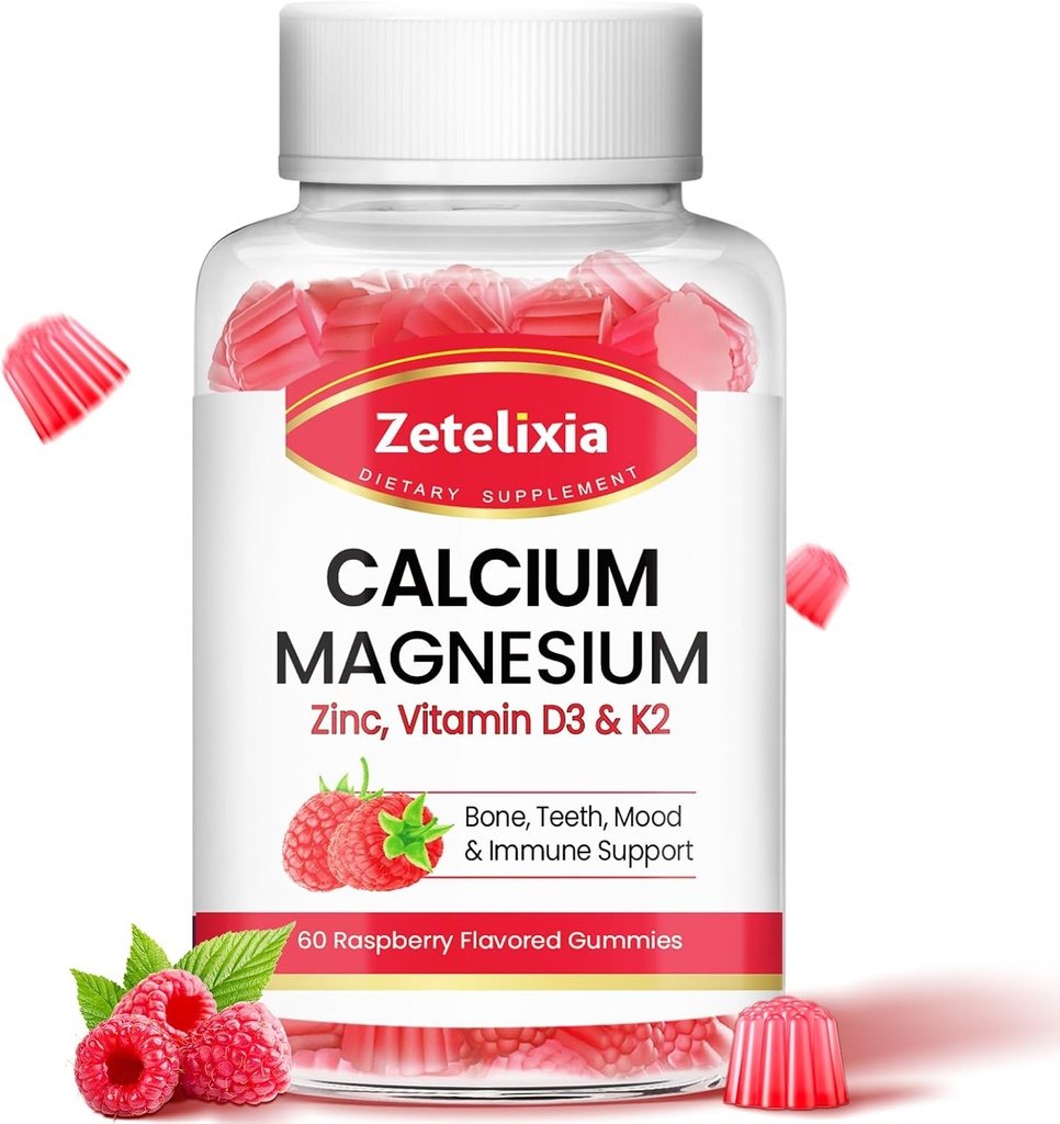 Kalcij Magnezijev cink Gumiji z vitaminom D3 & K2, kalcijevi Gumiji za B0nes mišice, ženske & moški, Raspberry Flavor - 60 Count