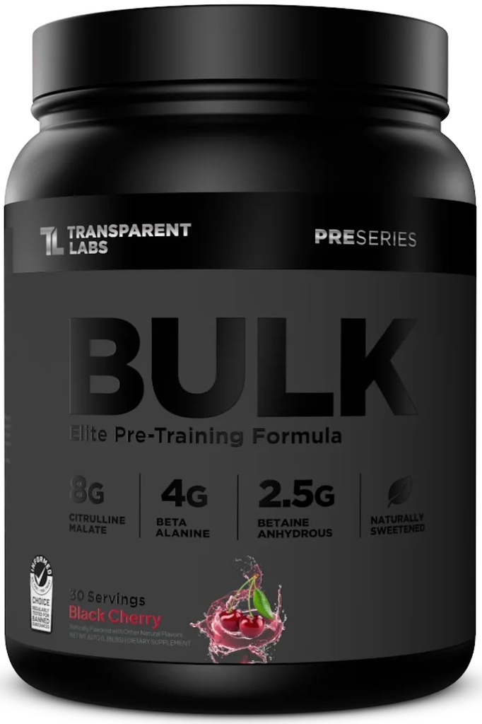 Prozorni laboratoriji Bulk Black Pred treningom - klinično dozirani, brez sladkorja Preworkout za moške in ženske z Beta Alanine Powder, Citrulin Malate, & Caffeine - 30 Serving, Črna Cherry