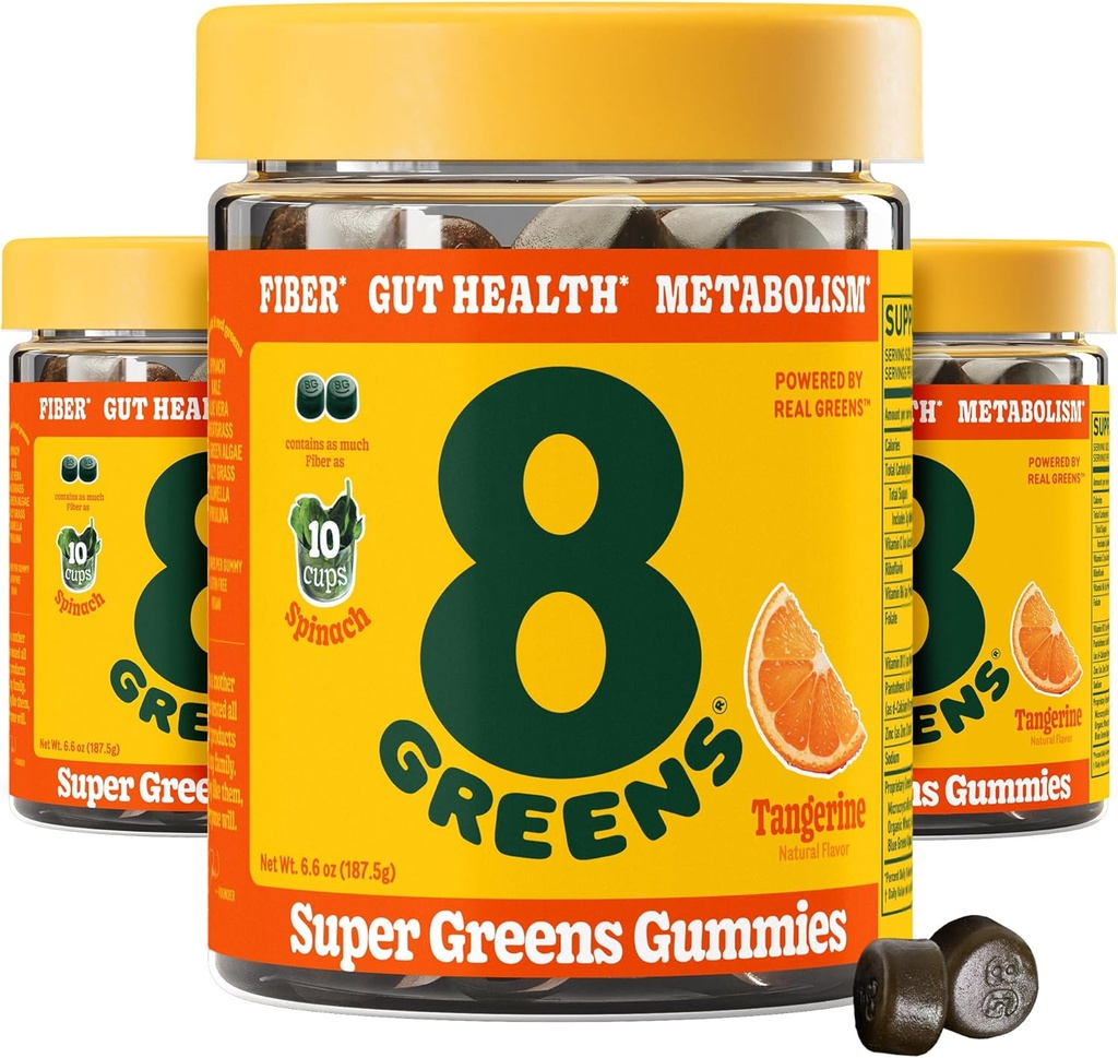 8Greens Daily Fiber Super Greens Gummies - Tangerine Flavor: Poživite imunski sistem in prebavno zdravje z 8 Real Greens - ne-GMO Formula, Žvečilni, 50 Gummies, Pack po 3