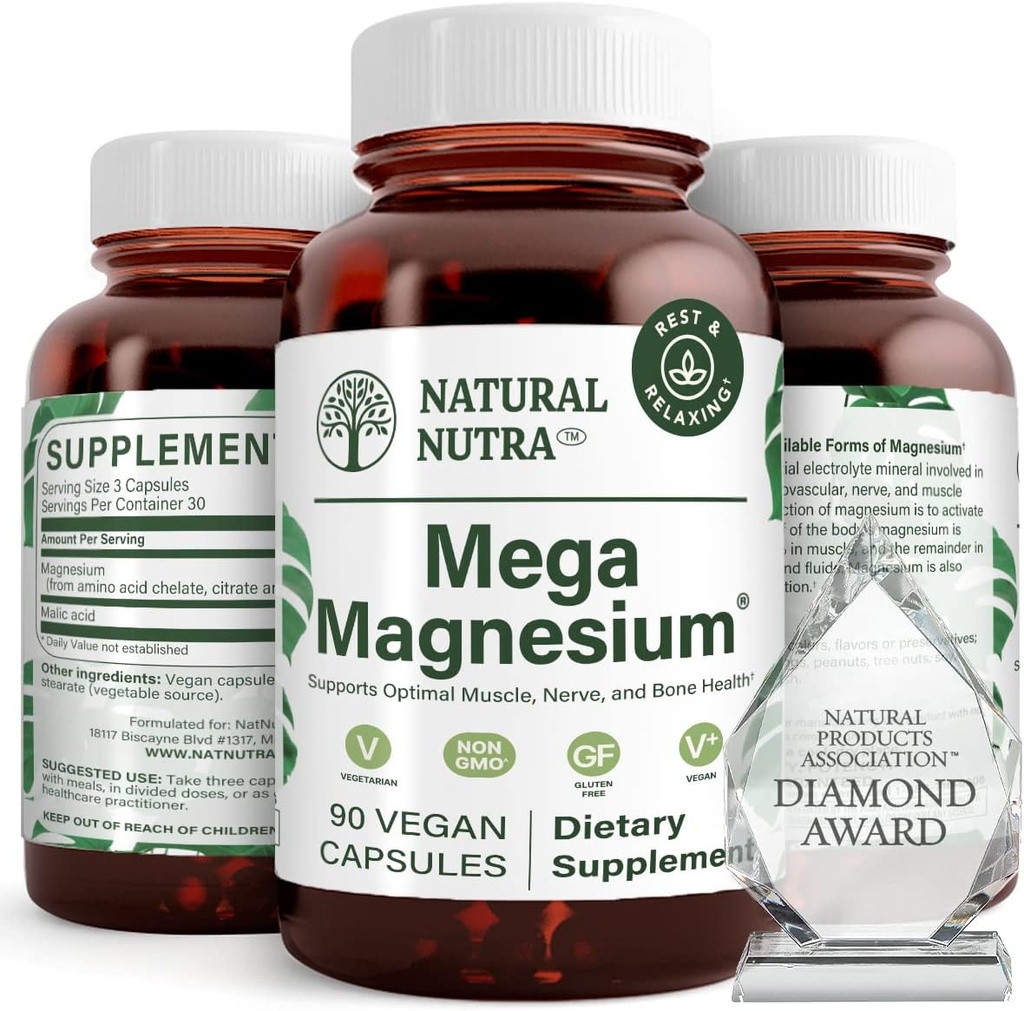 Naravni Nutra Mega Magnezij 400mg dodatek - visoka absorpcija Aminokislinski kelat, citrat, malat mešanica za mišično rast, kostna moč, zdravje srca, živčna podpora - 90 kapsul (Pack of 2)