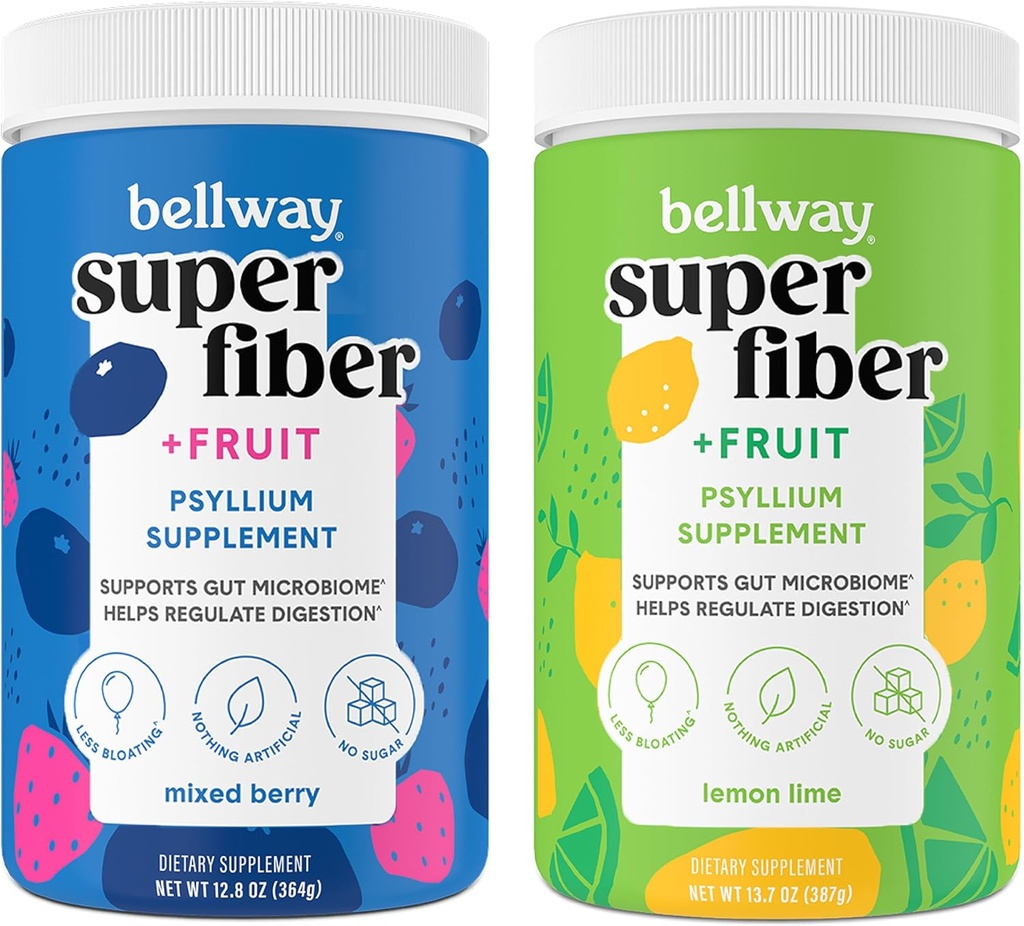 Bellway Super Fiber Powder + Sadje, brez sladkorja Organski Psylium Husk Powder Fiber Dodatek za regularnost, Bloating Relief & Gut Health, Non-GMO, Mešano Berry & Lemon Lime