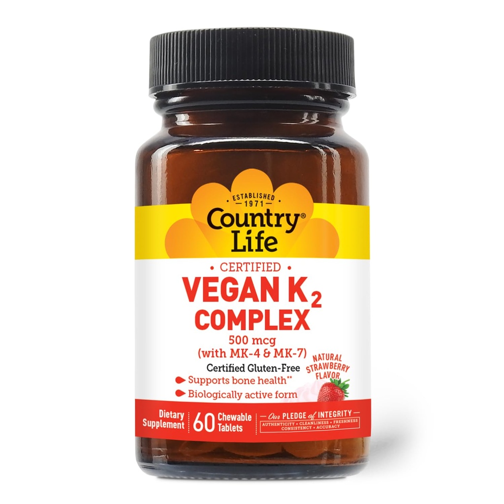 Country Life® Vegan K2-500 μg, 60 Ct. Žvečljive tablete. Jagodni okus - Certified Gluten Free - Certified Vegan by AVA – za podporo zdravje kosti