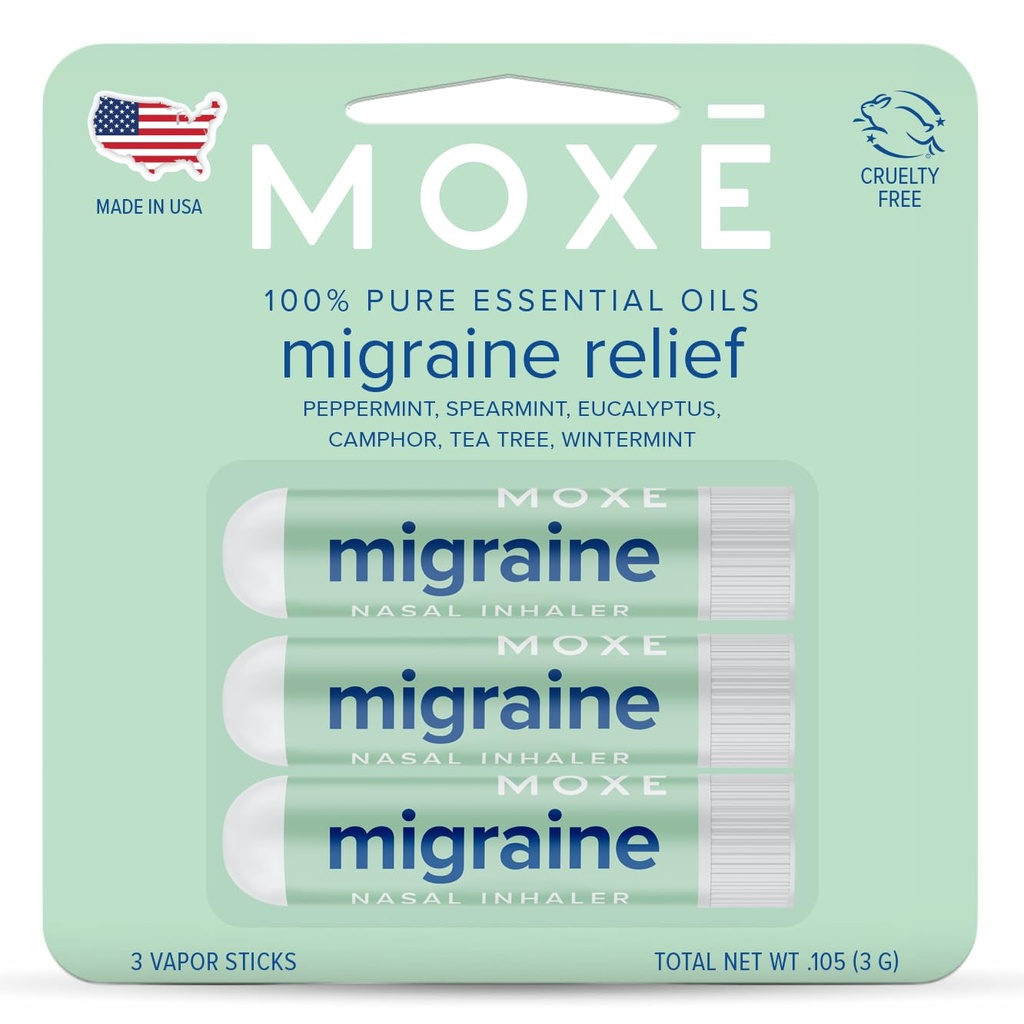 MOXE Migraine Relief Nasal inhalers, Eterična olja za glavobole in tension Relief, Prenosna aromaterapija, Enostavno za uporabo, Pure & Nerazredčena, Peppermint, Spearmint, Eucalyptus, Tea Tree, ZDA Made, 3 Pack
