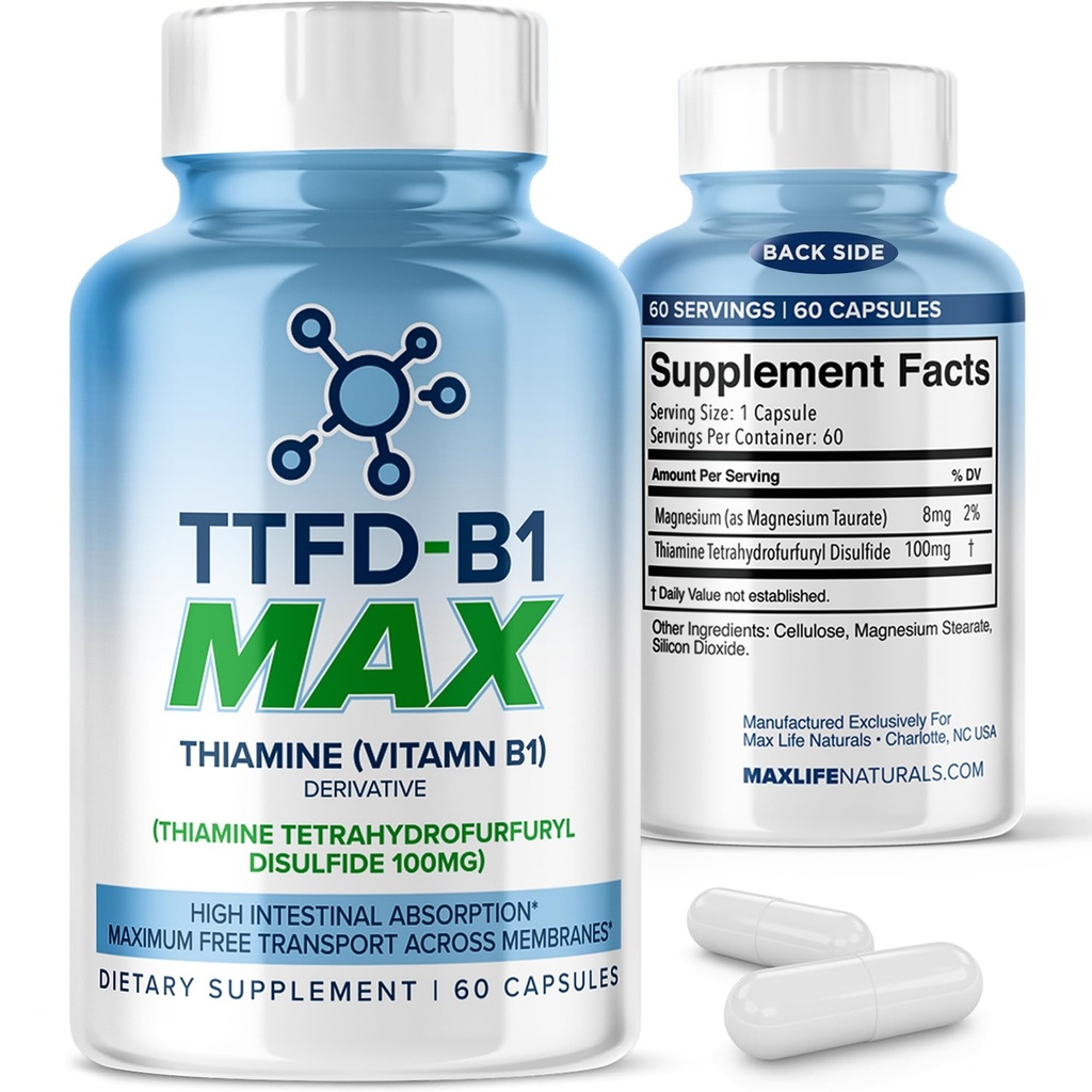 TTFD Tiamin B1 dodatek 60Capsules Made in USA- Thiamine TTFD Vitamin B1 MAX, visokopotezni dodatek za energijo in fokus, podpira zdravo živec funkcijo in splošno wellness MaxLife Naturals