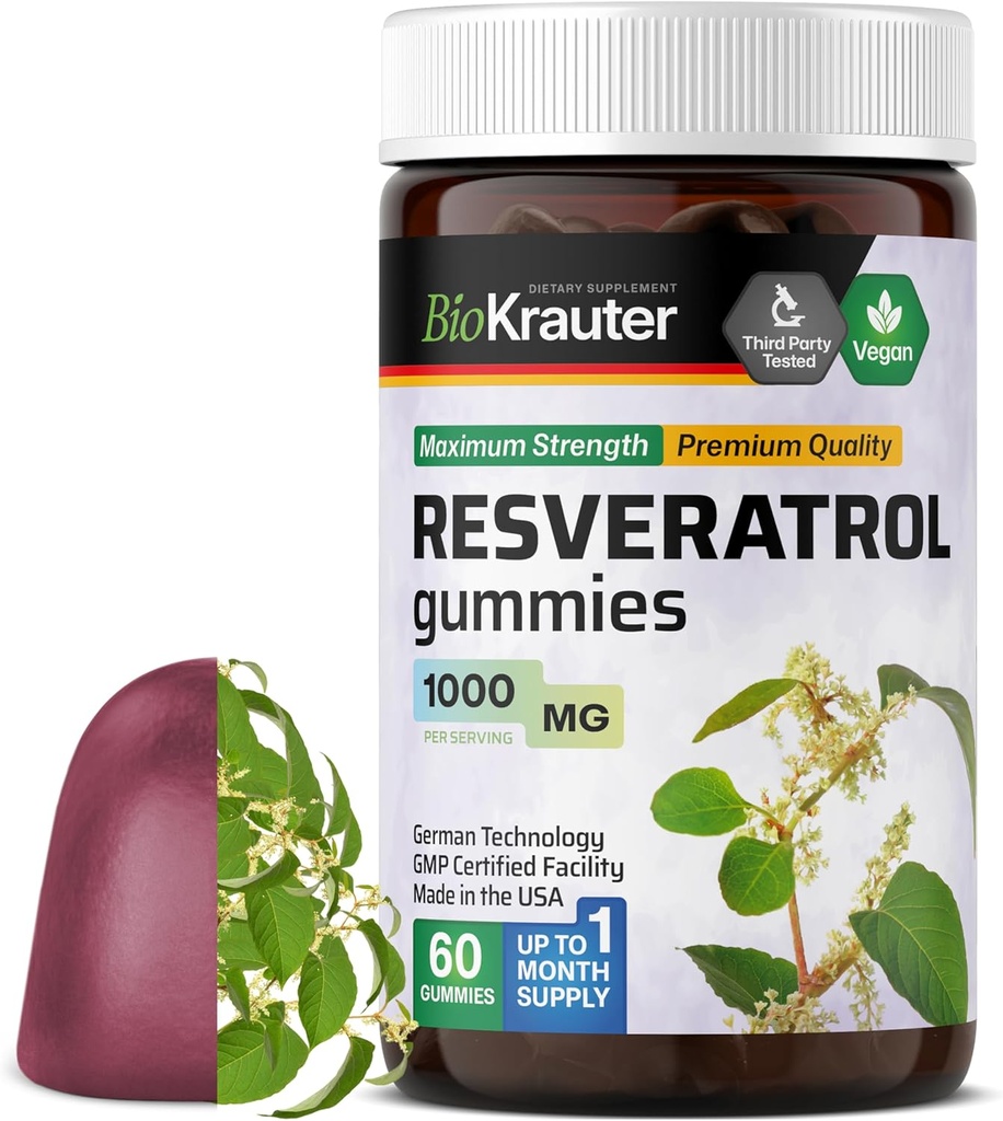 BIO KRAUTER Resveratrol Gumies - 1000 mg Jakost - 60 Veganski žveči - 98% Pure Trans Resveratrol Dodatek - Antioksidant Podpora