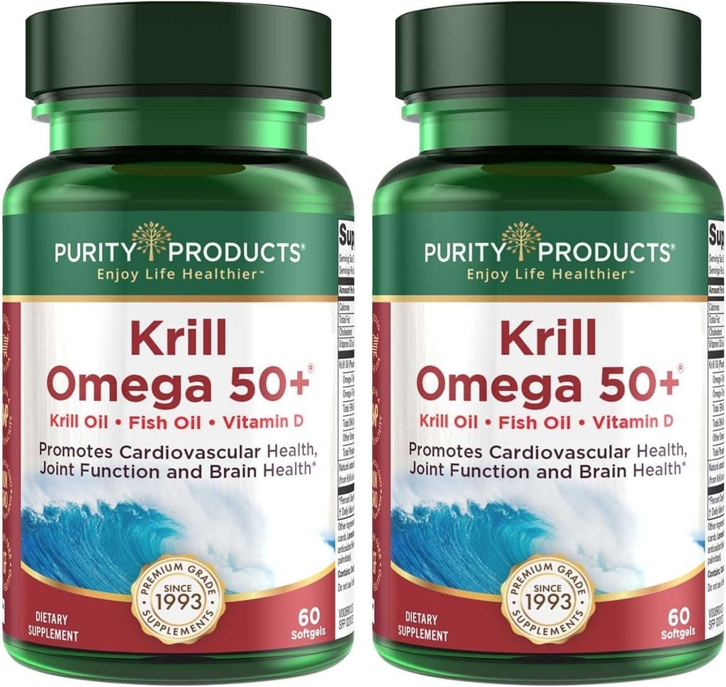 Izdelki čistote Krill Omega 50 (krill + mešanica ribjega olja 1000mg + astaksantin 500mcg + fosfolipidi 200mg + vitamin D 500 i.e.) - 60 Mini softgels (paket z 2)