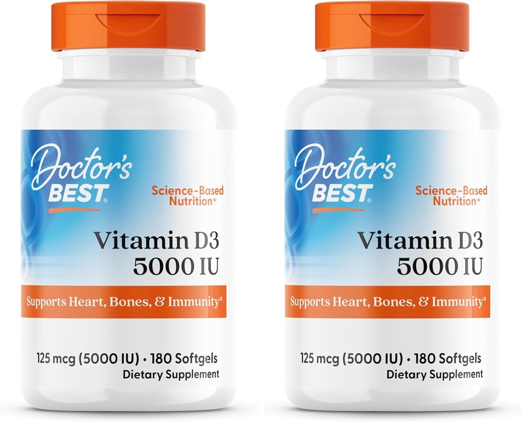 Zdravnikov BEST Vitamin D3 5000IU, Ne-GMO, Gluten & Soy prost, Regulira imunske funkcije, podpira zdrave kosti, bela, brez arome, 180 Število (Pack po 2)