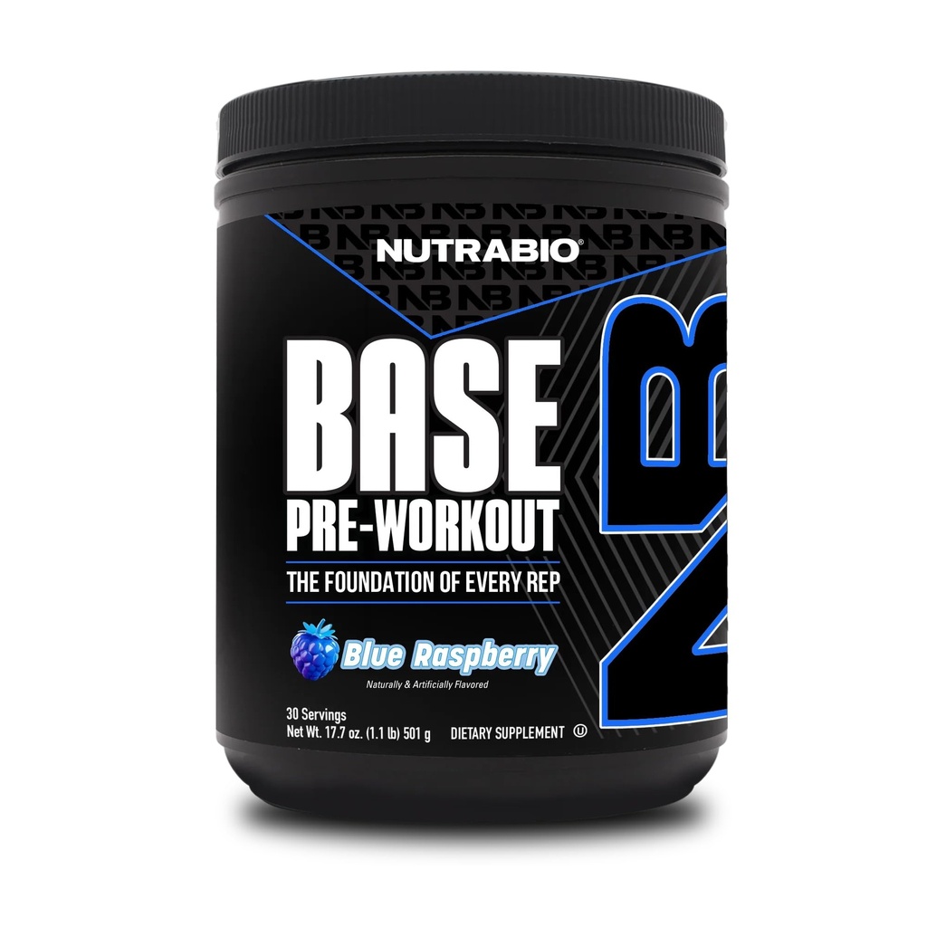 NutraBio Base Pre-World Powder 200mg Kofein, Trajna energija, Fokus, Vzdržljivost, Črpalka, Brez sladkorja, Čisto Preworkout za moške in ženske - Beta Alanin, L-Tirozin, 30 Serving - Modra malina