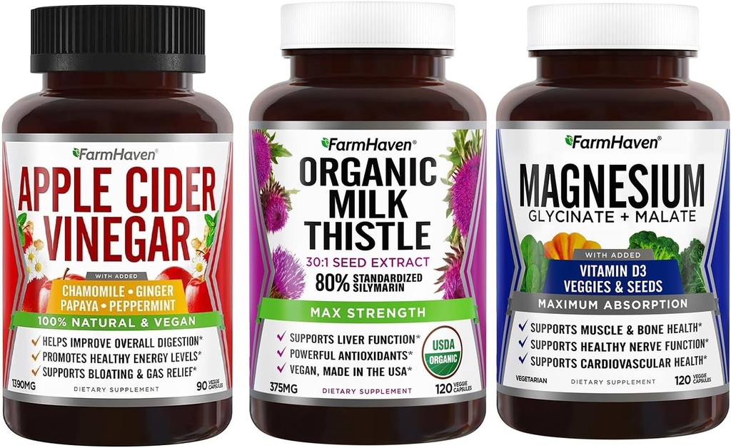 FarmHaven Apple Cider Vinegar Kapsule z Ginger & Magnezij Glycinate & Malate kompleks w/vitamin D3 & Mlečni Opornice Kapsule