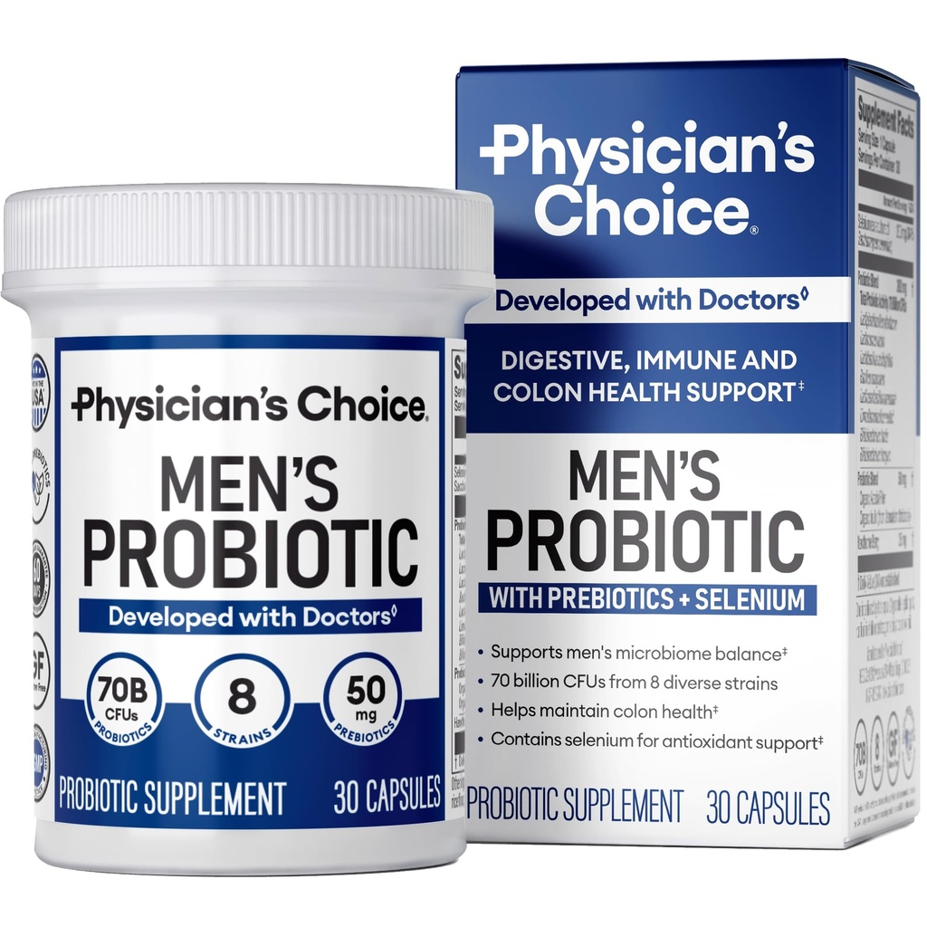 Probiotiki izbora za moške - 70 milijard CFU - 8 sevov - w/Selenium & Organic Prebiotics - Podpira digestivno zdravje, mikrobiome, Colon, & Imuno Health - Napredni moški probiotik - 30ct