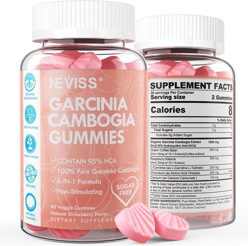 Brez sladkorja Garcinia Cambogia Gumies 1000mg 95% HCA z L-karnitinom, malina Ketone, Krom, Zelena kava Fižol za presnovo, Energy Boost, 100% Organski ekstrakt, Vegan, Jagodna aroma 120 Cts