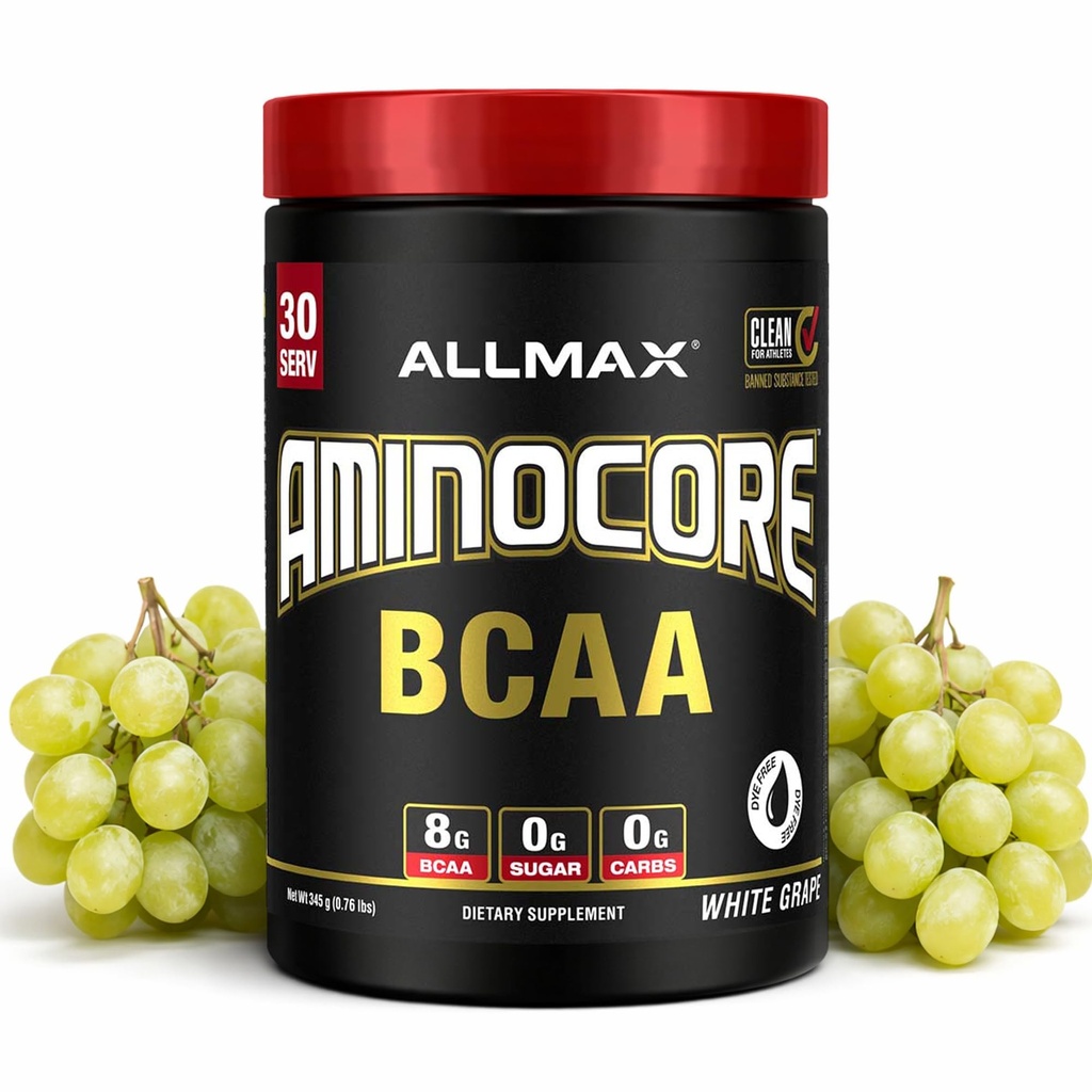 ALLMAX Nutrition AMINOCORE BCAA Powder, 8.18 Gram aminokislin, Intra and Post Workout Recovery Drink, Gluten Free, White Grape, 315 g
