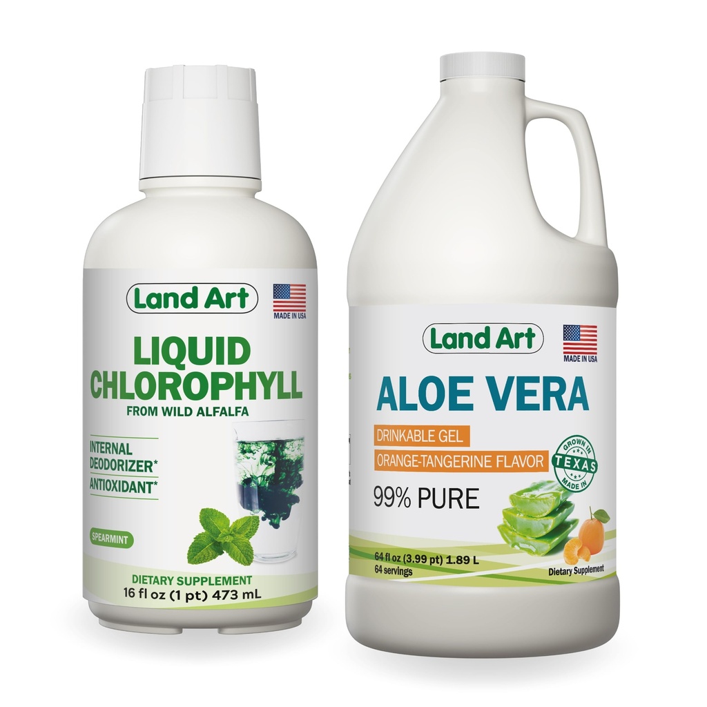 Kopenski Aloe Vera Popivalni gel - Oranžni tangerin Oranžni tangerin Oranžen - Hladno Predelan - Organski sveži listi - 64floz + Tekoča klorofilna kovnica z aromo - Hladno ekstrahirano iz Wild Non-GMO Alfalfa - 16floz