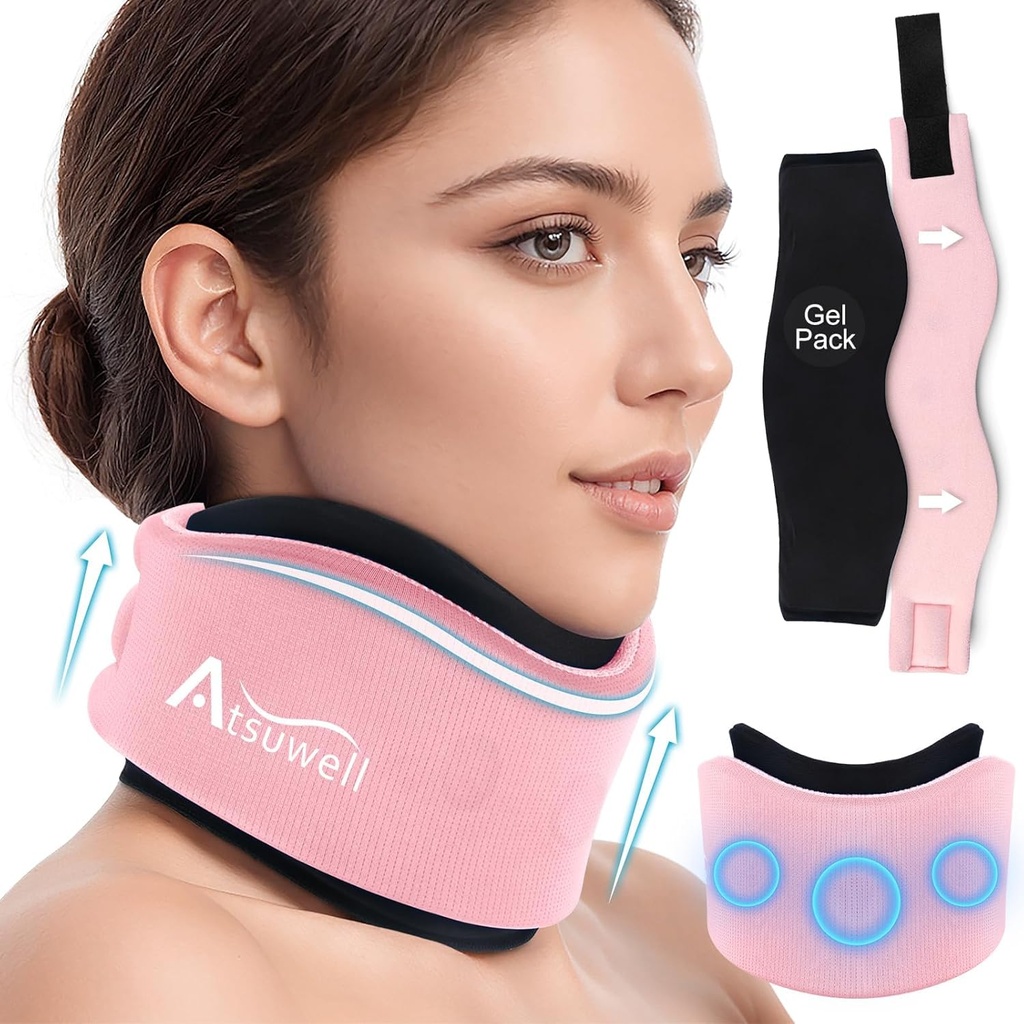 Atsuwell Soft Neck Brace Cervical Ovratnica, Nastavljiv Neck podporo Brace z Odstranljivi gel paket, Reaserable Ice Ovit za pravilno držo, spanje, roza